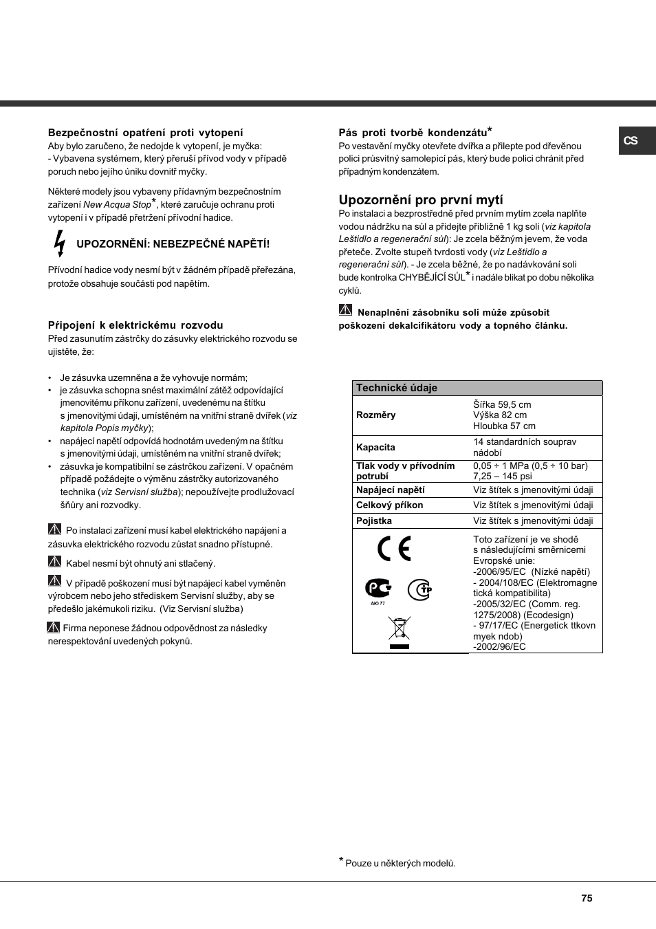 Upozornìní pro první mytí | Hotpoint Ariston PFT 834X User Manual | Page 75 / 84