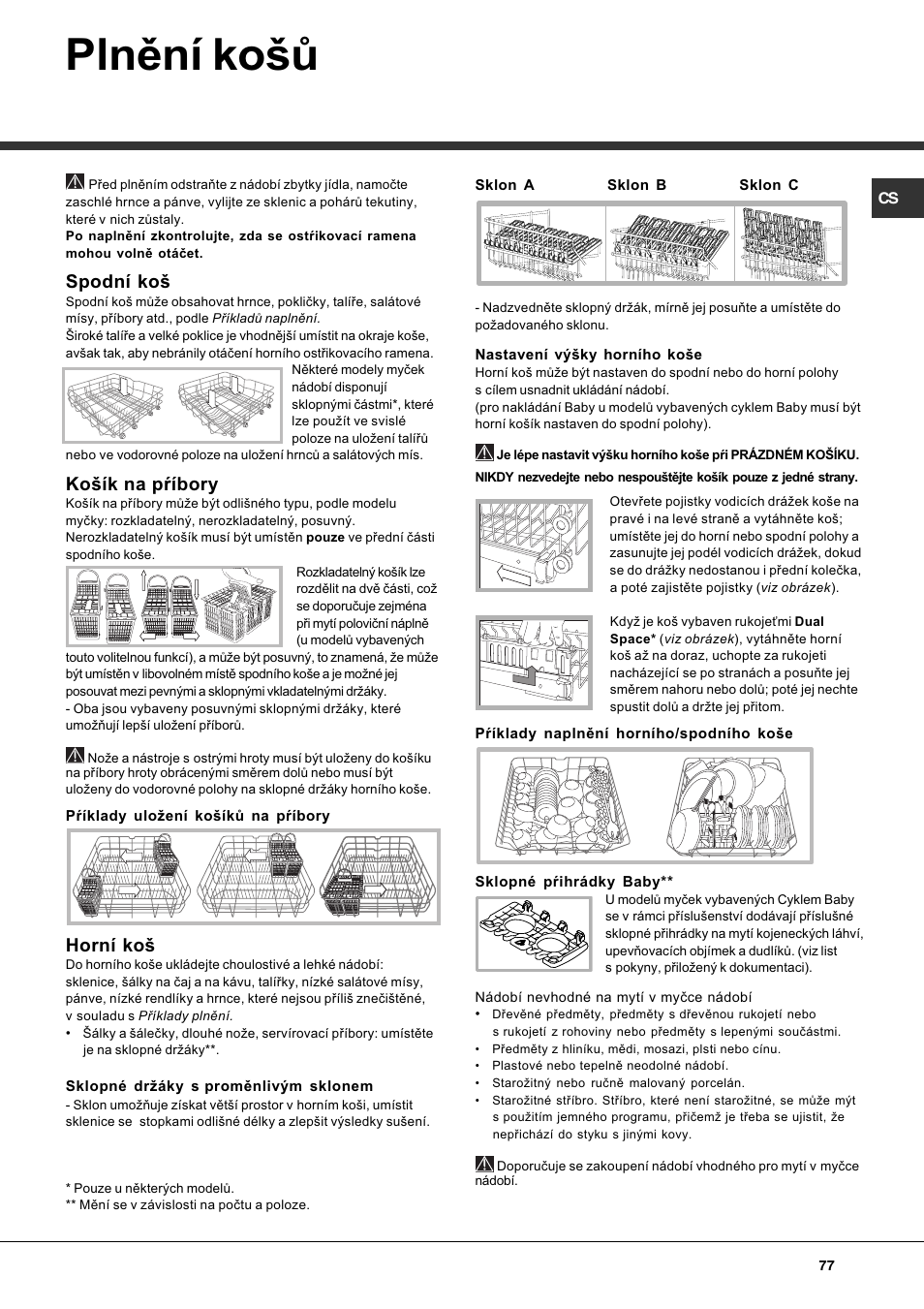 Plnìní koщ, Spodní ko, Koík na pøíbory | Horní ko | Hotpoint Ariston PFT 834X User Manual | Page 77 / 84