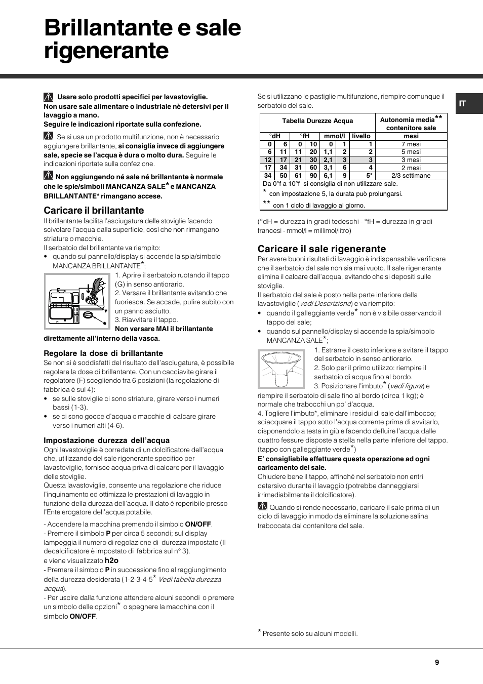 Brillantante e sale rigenerante, Caricare il brillantante, Caricare il sale rigenerante | Hotpoint Ariston PFT 834X User Manual | Page 9 / 84