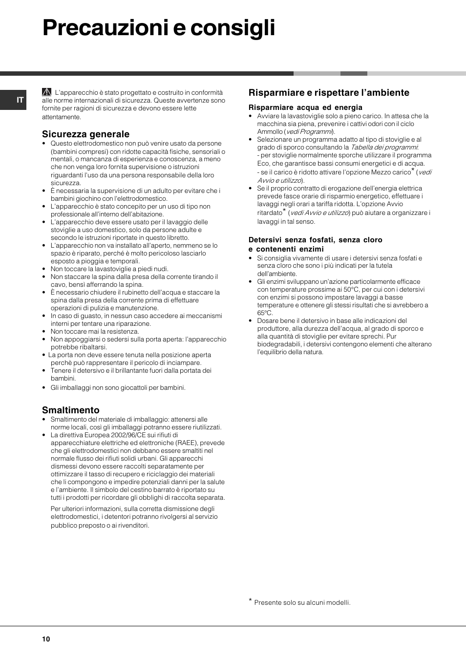 Precauzioni e consigli, Sicurezza generale, Smaltimento | Risparmiare e rispettare lambiente | Hotpoint Ariston LSP 720A X User Manual | Page 10 / 84