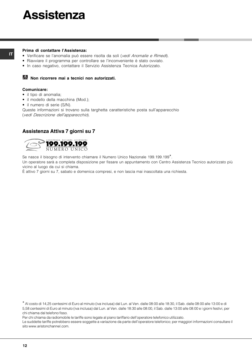 Assistenza | Hotpoint Ariston LSP 720A X User Manual | Page 12 / 84