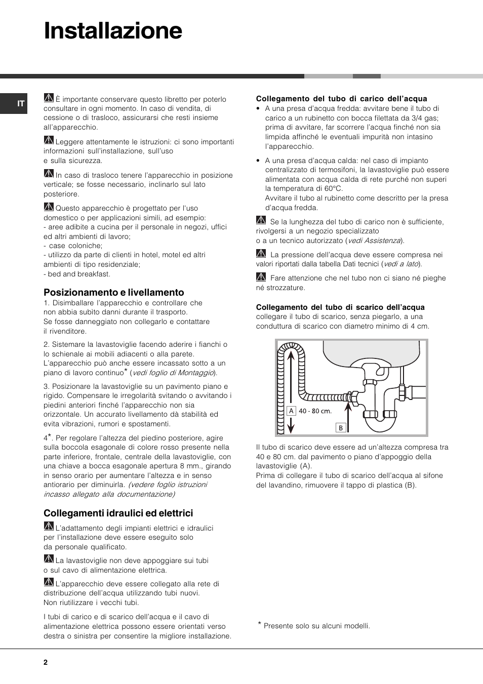 Installazione, Posizionamento e livellamento, Collegamenti idraulici ed elettrici | Hotpoint Ariston LSP 720A X User Manual | Page 2 / 84