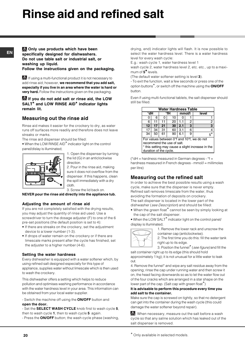 Rinse aid and refined salt, Measuring out the rinse aid, Measuring out the refined salt | Hotpoint Ariston LSP 720A X User Manual | Page 20 / 84