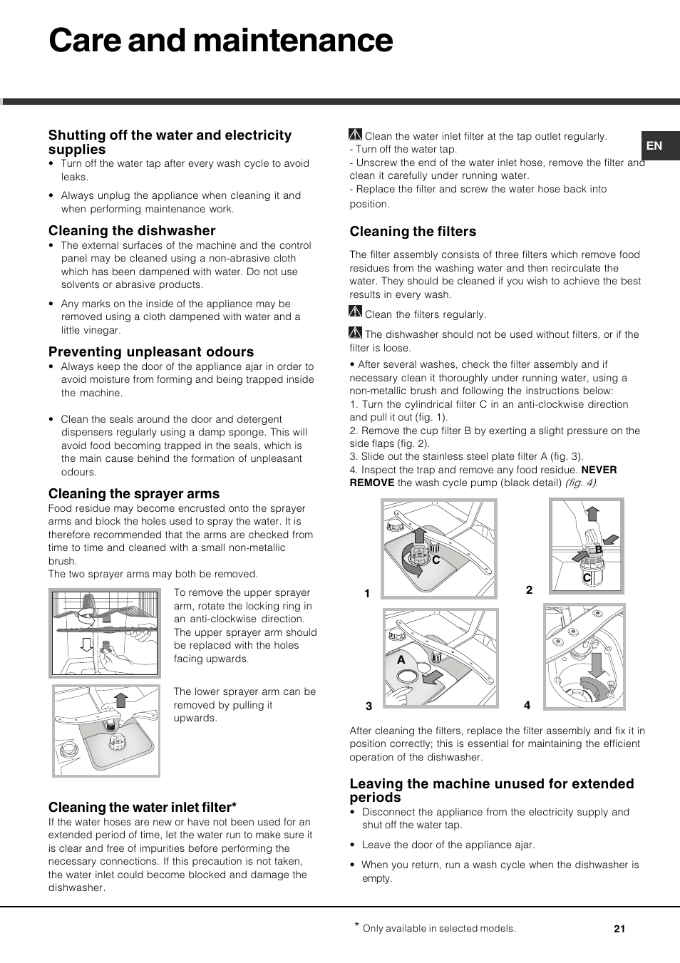 Care and maintenance, Shutting off the water and electricity supplies, Cleaning the dishwasher | Preventing unpleasant odours, Cleaning the sprayer arms, Cleaning the water inlet filter, Cleaning the filters, Leaving the machine unused for extended periods | Hotpoint Ariston LSP 720A X User Manual | Page 21 / 84