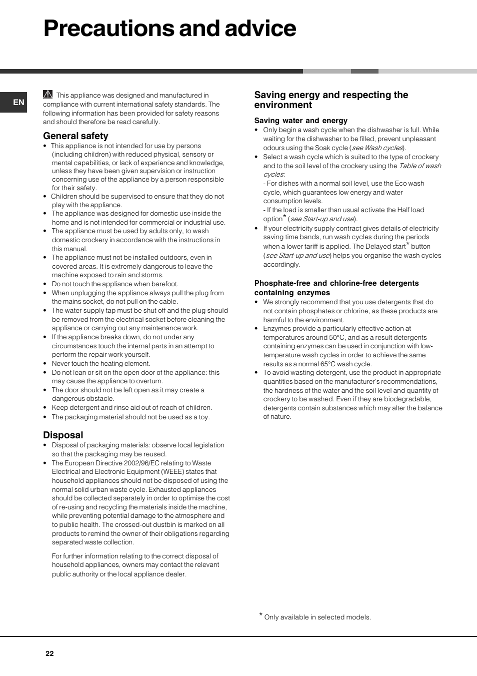 Precautions and advice, General safety, Disposal | Saving energy and respecting the environment | Hotpoint Ariston LSP 720A X User Manual | Page 22 / 84