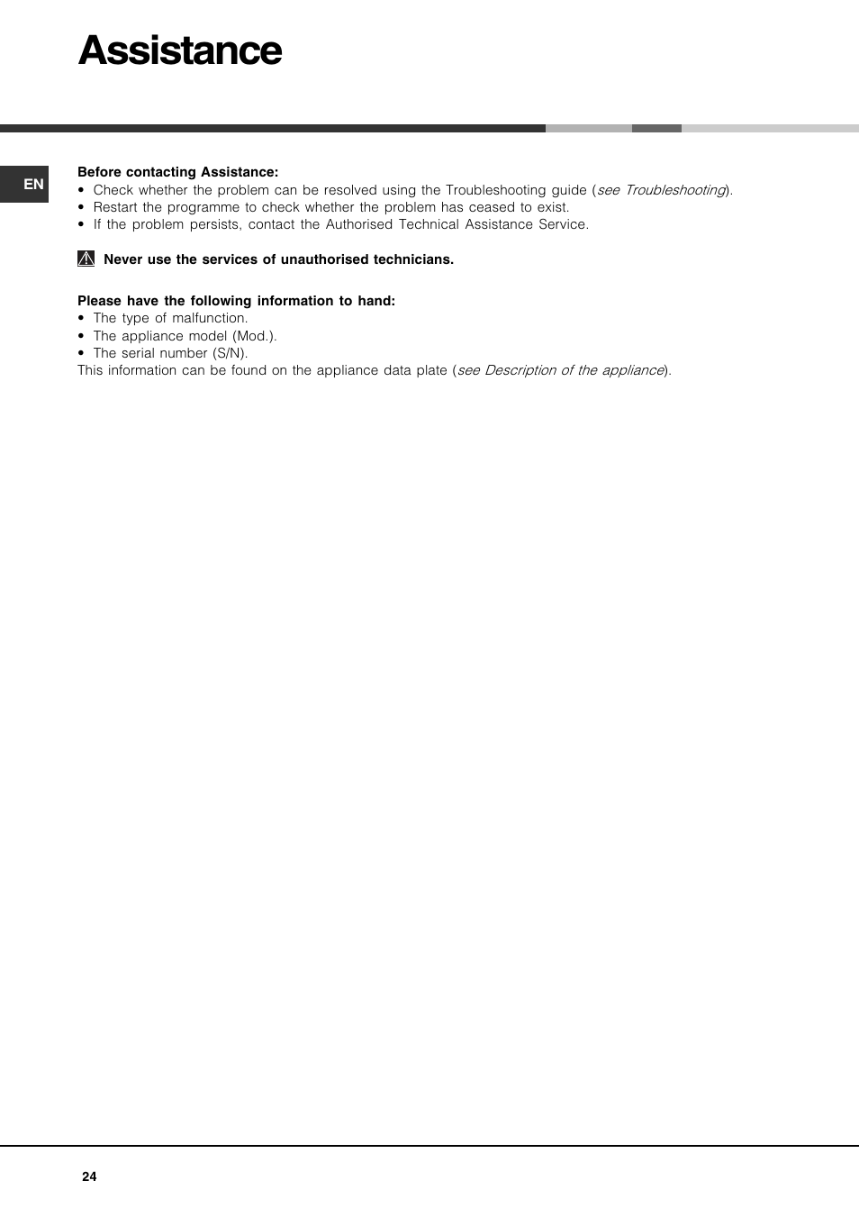 Assistance | Hotpoint Ariston LSP 720A X User Manual | Page 24 / 84