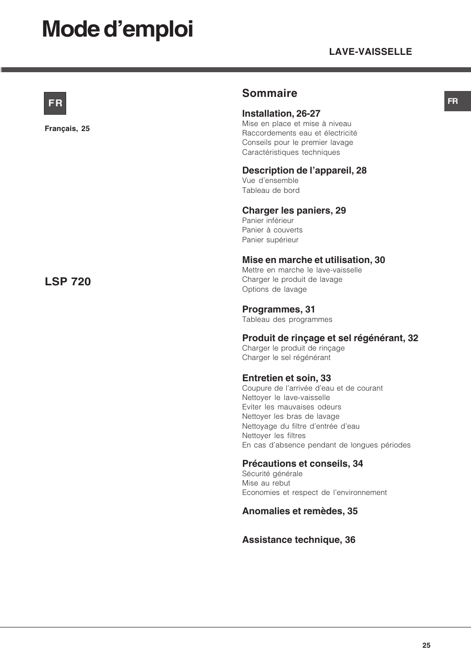 Mode demploi, Sommaire, Lsp 720 | Hotpoint Ariston LSP 720A X User Manual | Page 25 / 84