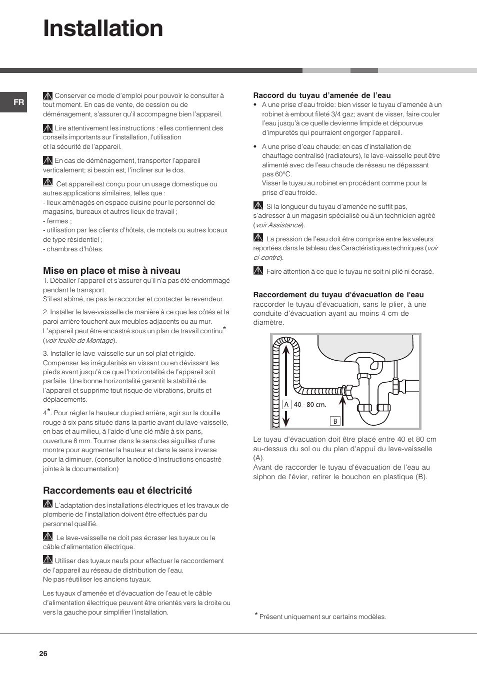 Installation, Mise en place et mise à niveau, Raccordements eau et électricité | Hotpoint Ariston LSP 720A X User Manual | Page 26 / 84