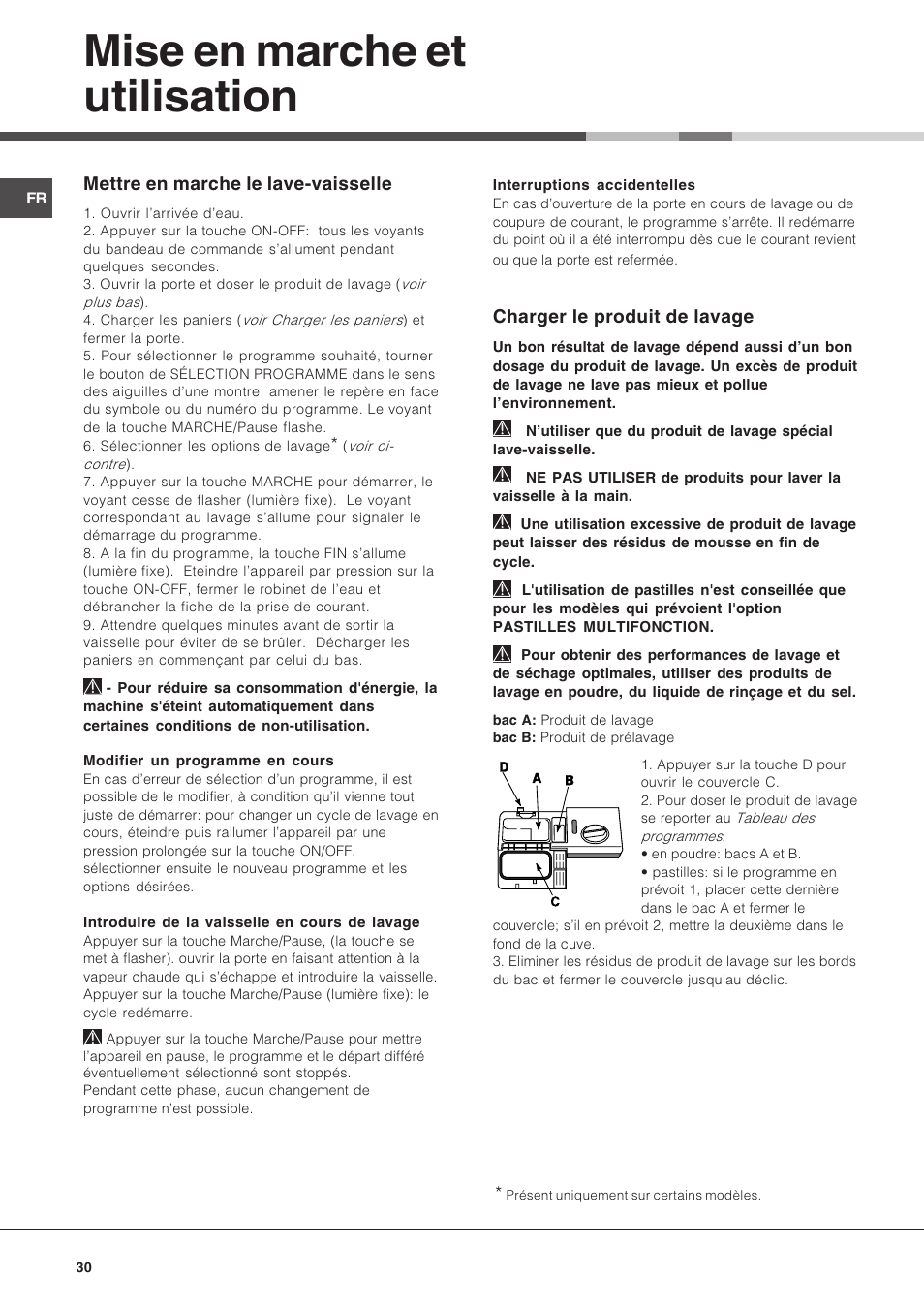 Mise en marche et utilisation, Charger le produit de lavage, Mettre en marche le lave-vaisselle | Hotpoint Ariston LSP 720A X User Manual | Page 30 / 84