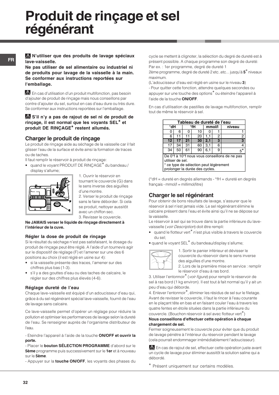 Produit de rinçage et sel régénérant, Charger le produit de rinçage, Charger le sel régénérant | Hotpoint Ariston LSP 720A X User Manual | Page 32 / 84
