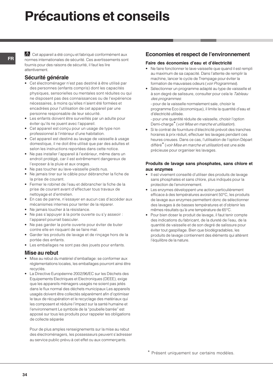 Précautions et conseils, Sécurité générale, Mise au rebut | Economies et respect de lenvironnement | Hotpoint Ariston LSP 720A X User Manual | Page 34 / 84