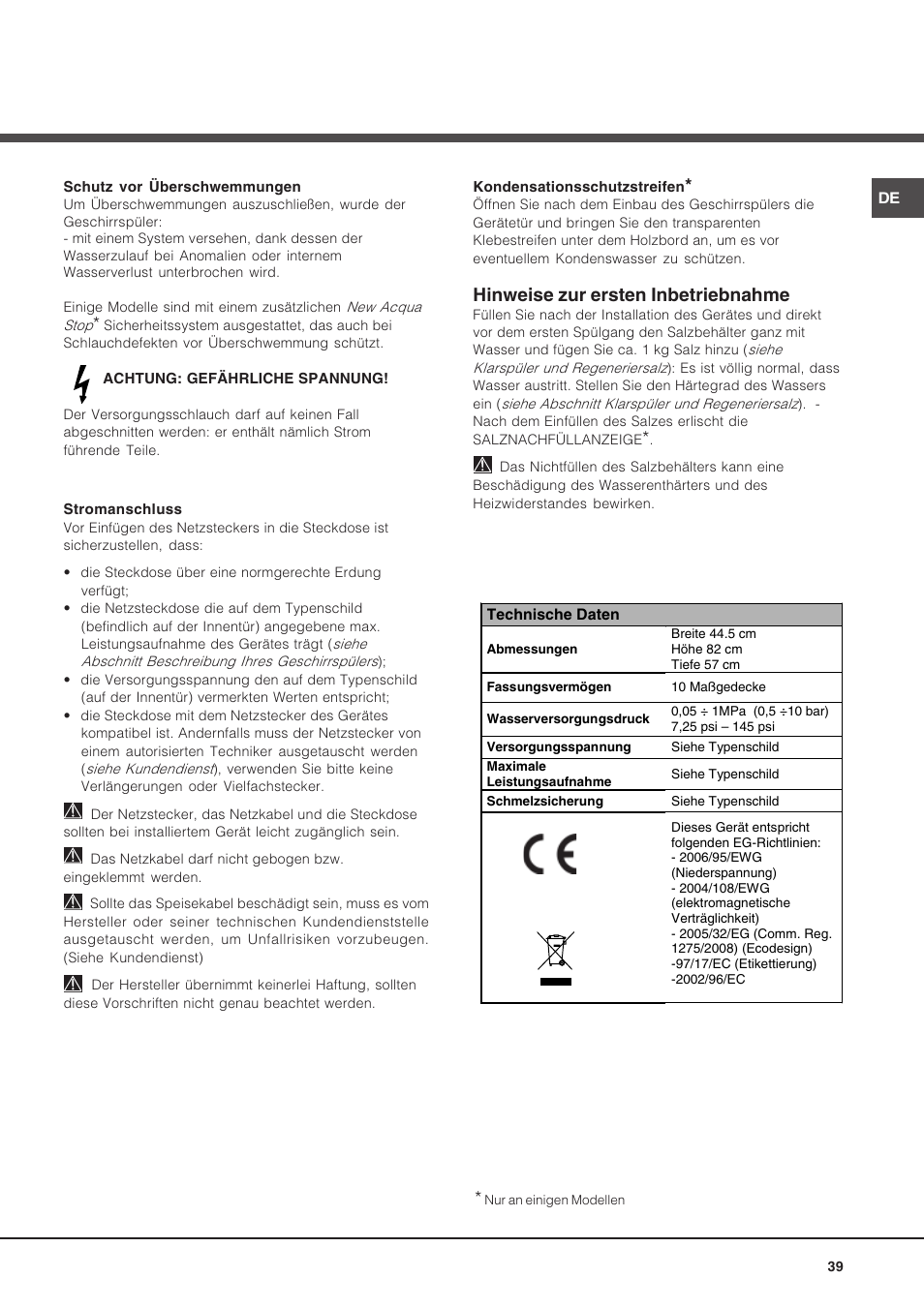 Hinweise zur ersten inbetriebnahme | Hotpoint Ariston LSP 720A X User Manual | Page 39 / 84