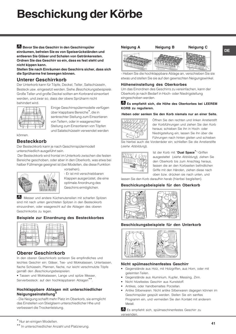 Beschickung der körbe, Unterer geschirrkorb, Besteckkorb | Oberer geschirrkorb | Hotpoint Ariston LSP 720A X User Manual | Page 41 / 84