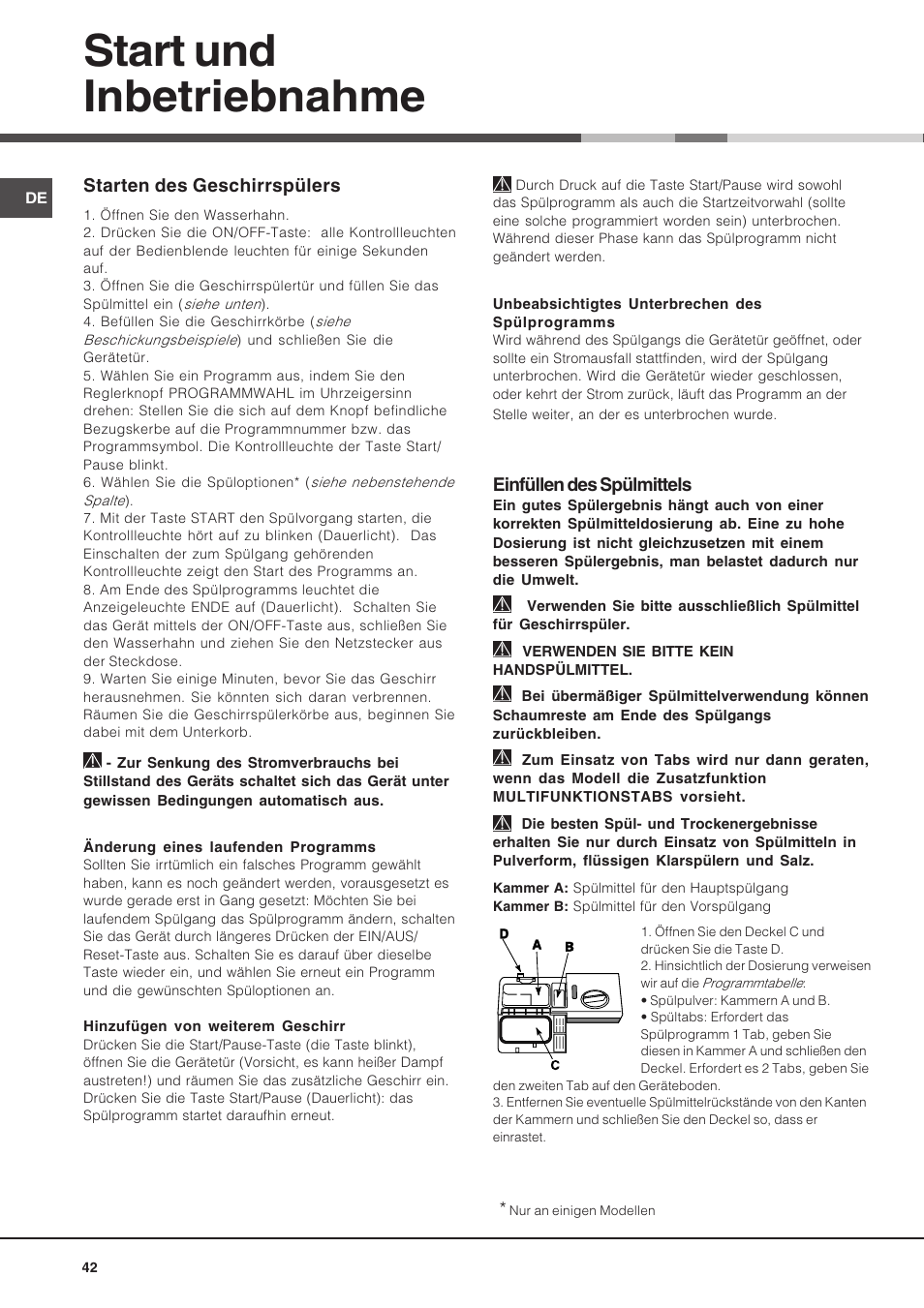 Start und inbetriebnahme, Einfüllen des spülmittels, Starten des geschirrspülers | Hotpoint Ariston LSP 720A X User Manual | Page 42 / 84