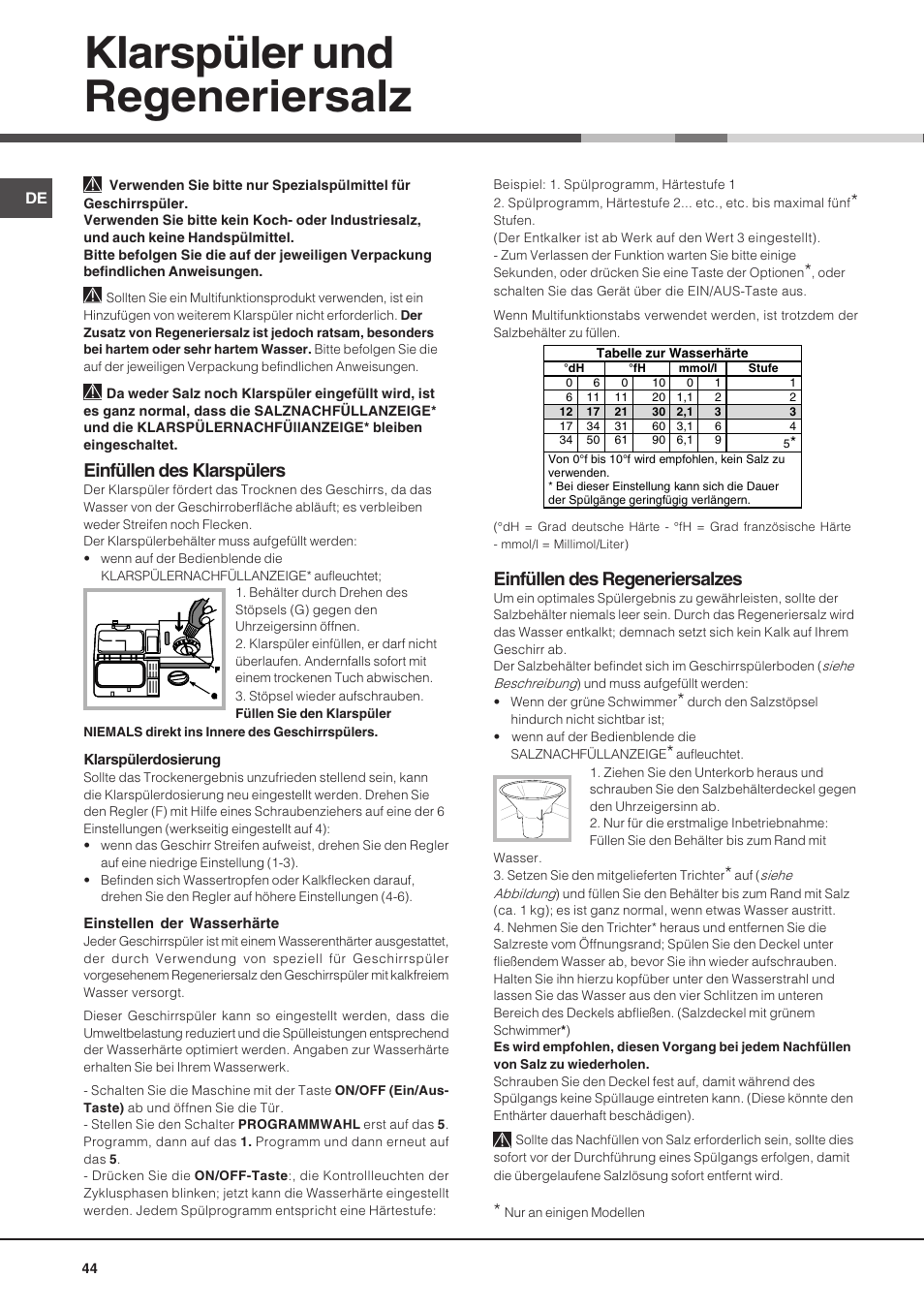 Klarspüler und regeneriersalz, Einfüllen des klarspülers, Einfüllen des regeneriersalzes | Hotpoint Ariston LSP 720A X User Manual | Page 44 / 84