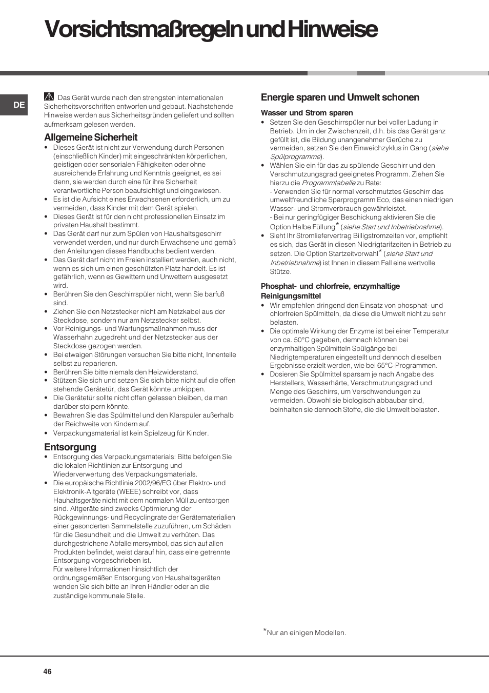 Vorsichtsmaßregeln und hinweise, Allgemeine sicherheit, Entsorgung | Energie sparen und umwelt schonen | Hotpoint Ariston LSP 720A X User Manual | Page 46 / 84