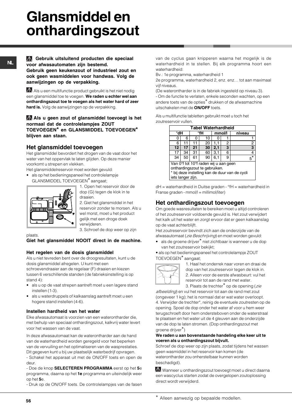 Glansmiddel en onthardingszout, Het glansmiddel toevoegen, Het onthardingszout toevoegen | Hotpoint Ariston LSP 720A X User Manual | Page 56 / 84