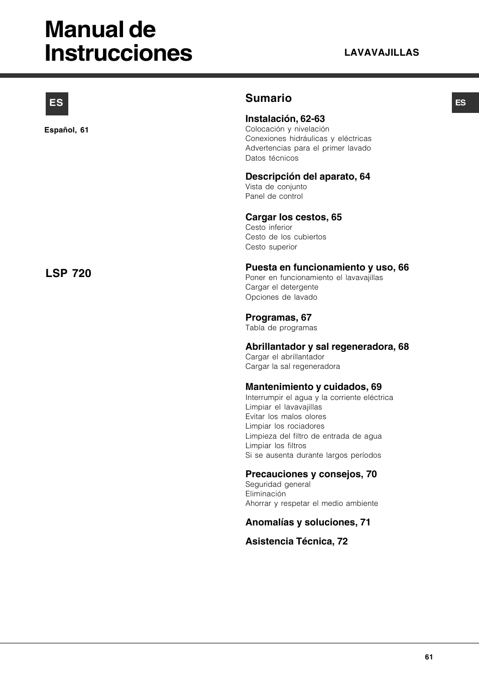 Manual de instrucciones, Sumario, Lsp 720 | Hotpoint Ariston LSP 720A X User Manual | Page 61 / 84