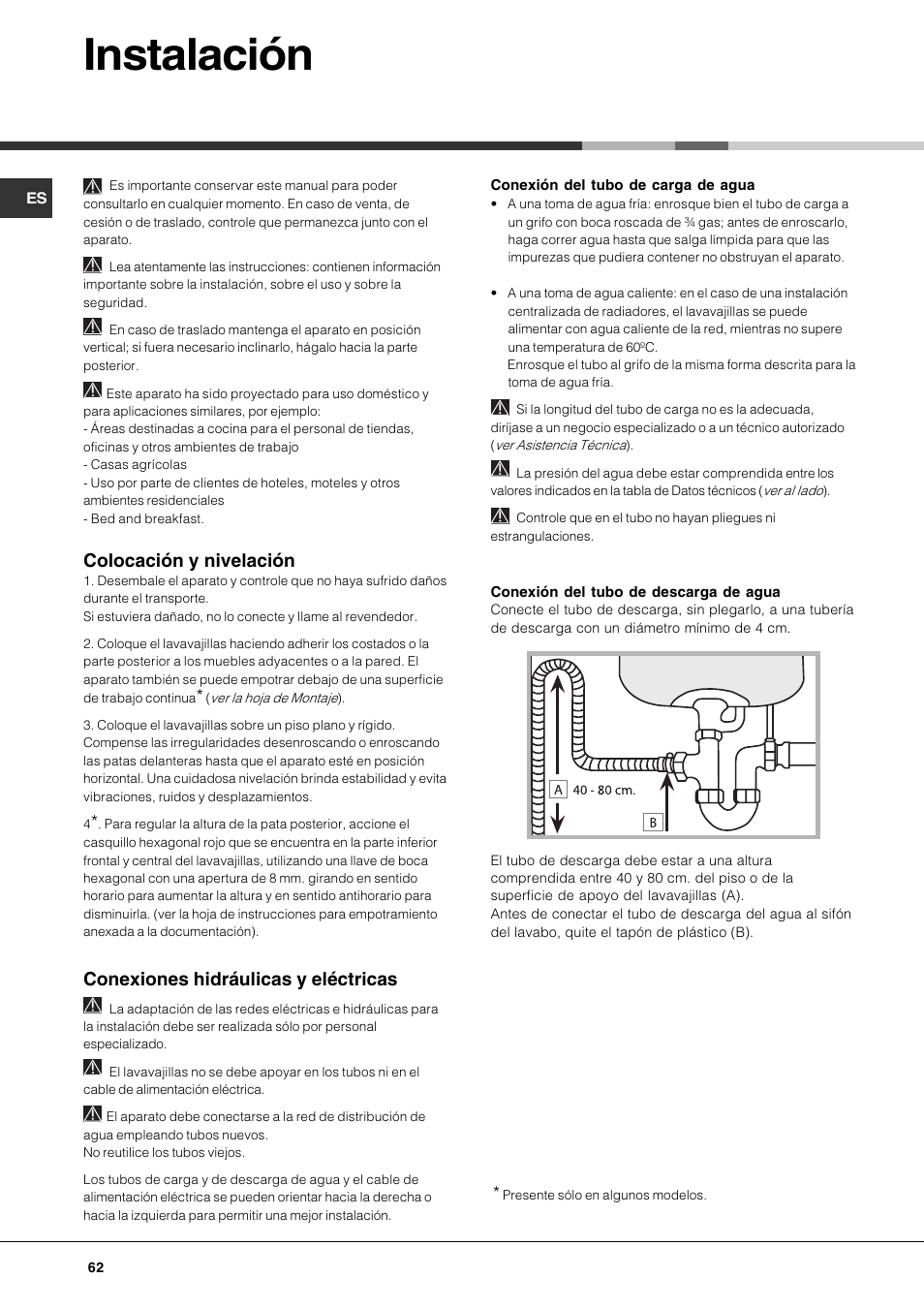 Instalación, Colocación y nivelación, Conexiones hidráulicas y eléctricas | Hotpoint Ariston LSP 720A X User Manual | Page 62 / 84