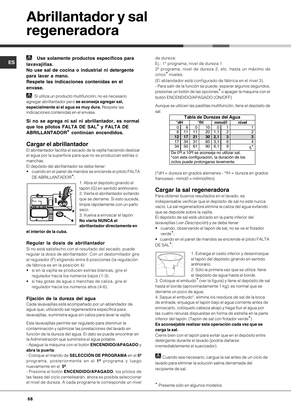 Abrillantador y sal regeneradora, Cargar el abrillantador, Cargar la sal regeneradora | Hotpoint Ariston LSP 720A X User Manual | Page 68 / 84