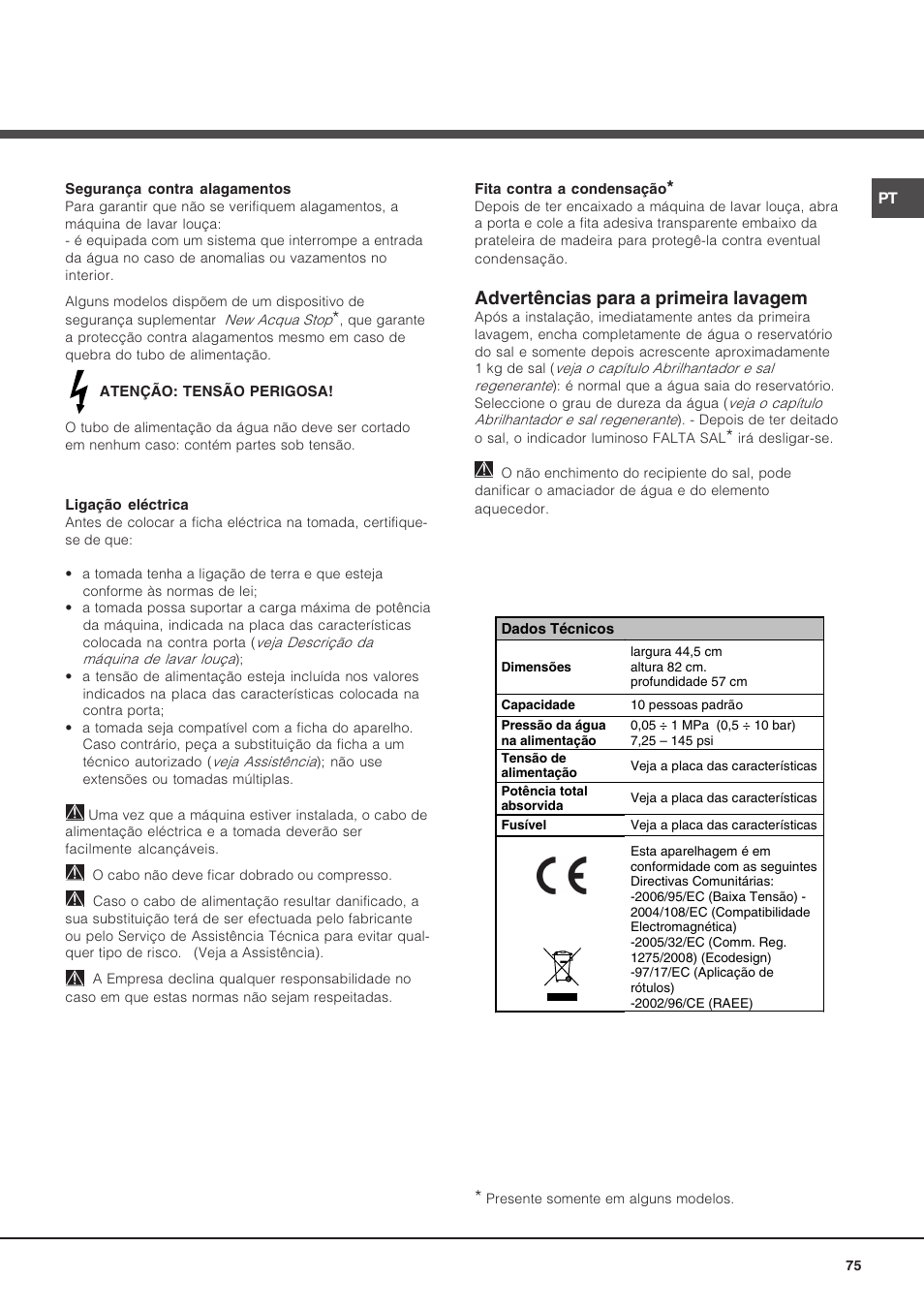 Advertências para a primeira lavagem | Hotpoint Ariston LSP 720A X User Manual | Page 75 / 84