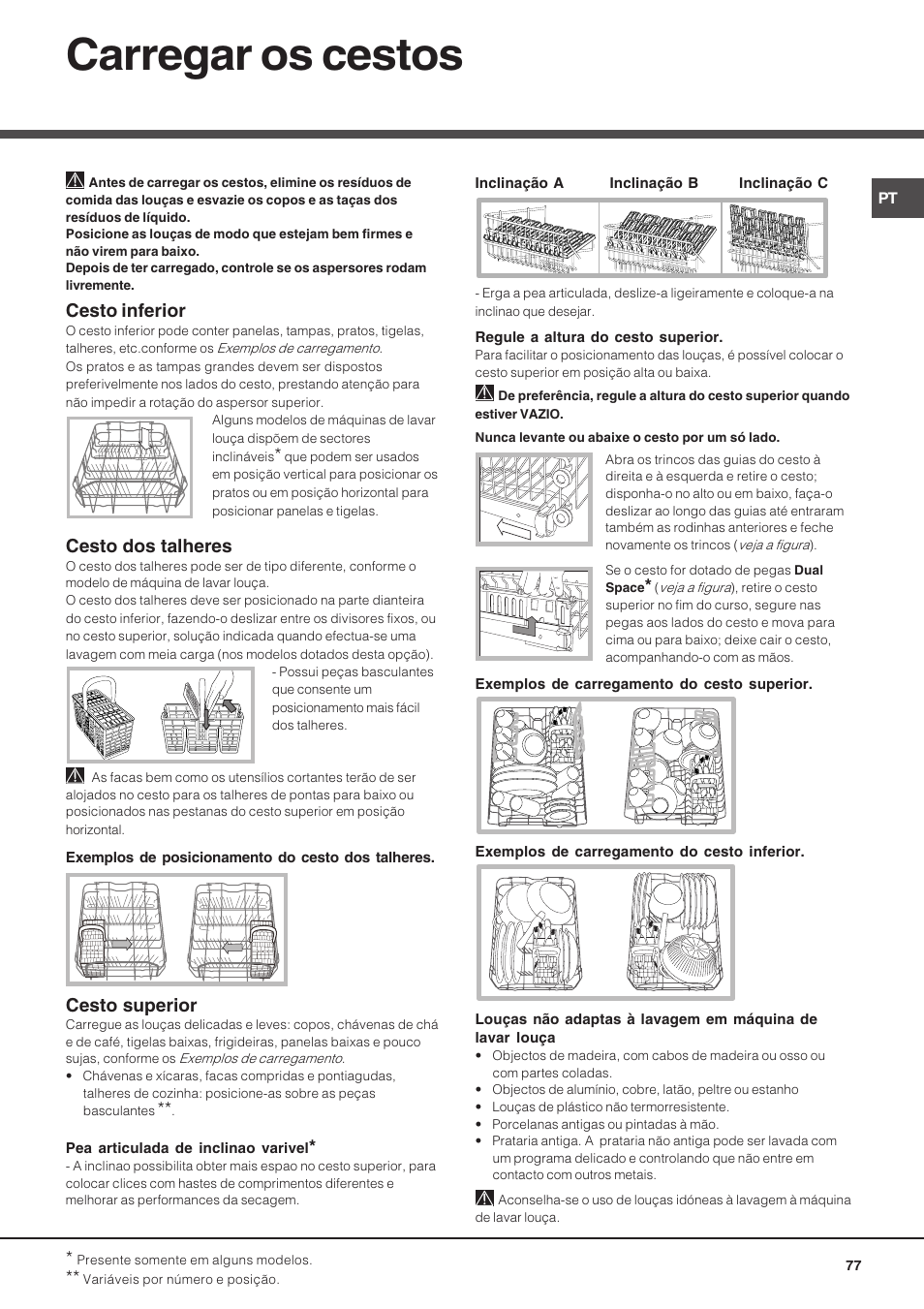 Carregar os cestos, Cesto inferior, Cesto dos talheres | Cesto superior | Hotpoint Ariston LSP 720A X User Manual | Page 77 / 84