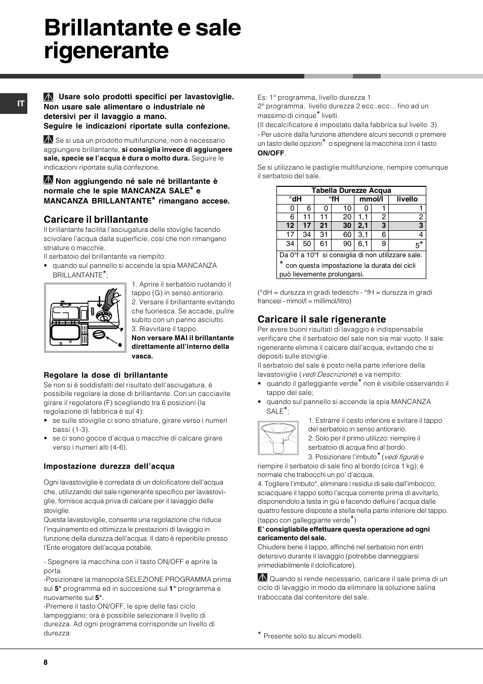 Brillantante e sale rigenerante, Caricare il brillantante, Caricare il sale rigenerante | Hotpoint Ariston LSP 720A X User Manual | Page 8 / 84