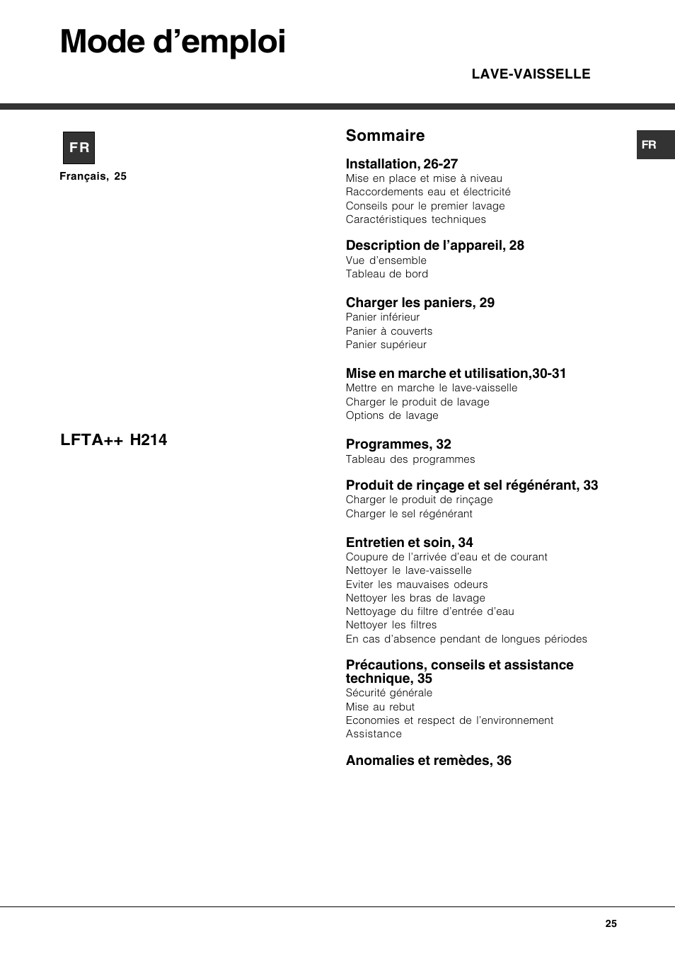 Mode demploi, Sommaire, Lfta++ h214 | Hotpoint Ariston LFTA++ H214 HX User Manual | Page 25 / 84