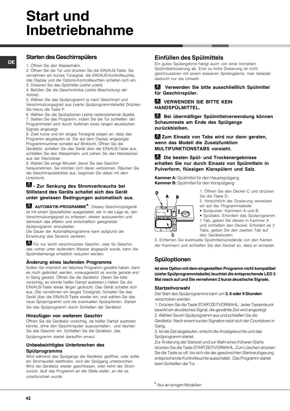 Start und inbetriebnahme, Starten des geschirrspülers, Einfüllen des spülmittels | Spüloptionen | Hotpoint Ariston LFTA++ H214 HX User Manual | Page 42 / 84