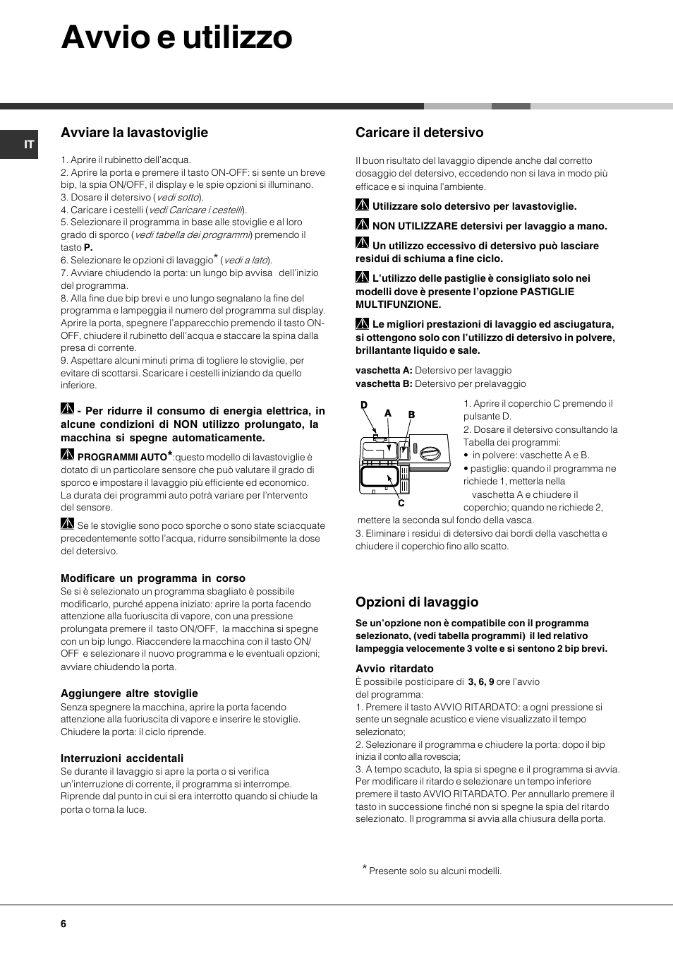 Avvio e utilizzo, Avviare la lavastoviglie, Caricare il detersivo | Opzioni di lavaggio | Hotpoint Ariston LFTA++ H214 HX User Manual | Page 6 / 84