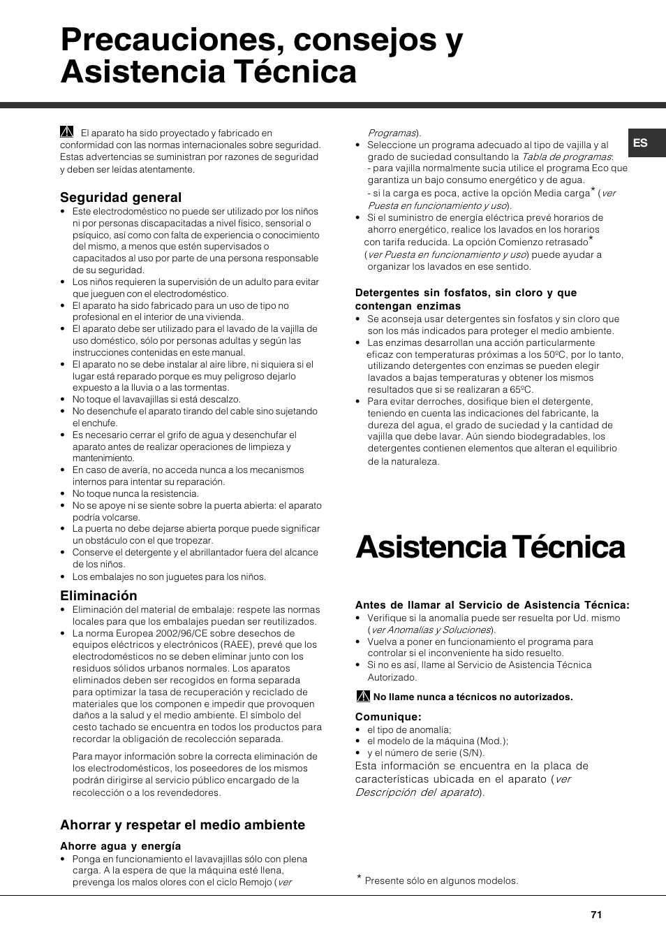 Precauciones, consejos y asistencia técnica, Asistencia técnica, Seguridad general | Eliminación, Ahorrar y respetar el medio ambiente | Hotpoint Ariston LFTA++ H214 HX User Manual | Page 71 / 84