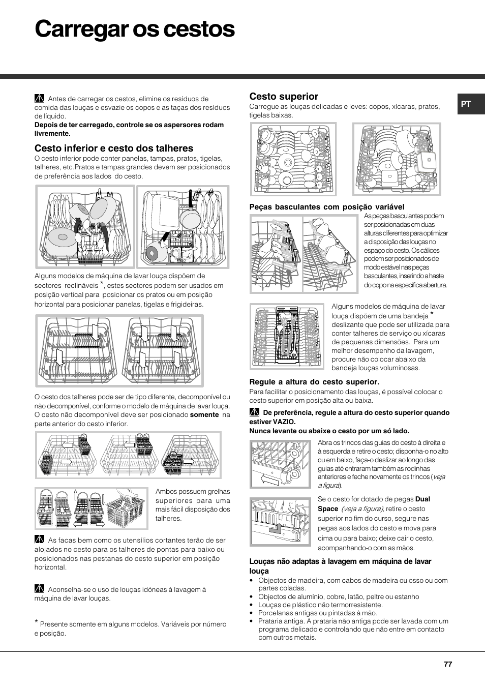 Carregar os cestos, Cesto inferior e cesto dos talheres, Cesto superior | Hotpoint Ariston LFTA++ H214 HX User Manual | Page 77 / 84