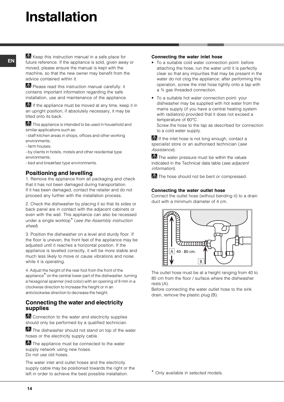 Installation, Positioning and levelling, Connecting the water and electricity supplies | Hotpoint Ariston PFK 724X User Manual | Page 14 / 84