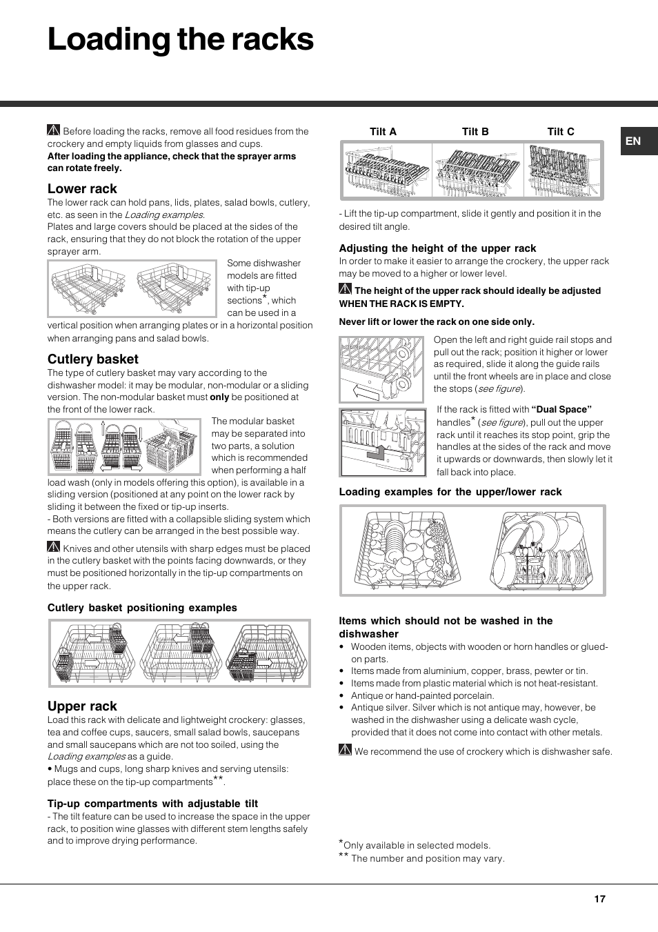 Loading the racks, Lower rack, Cutlery basket | Upper rack | Hotpoint Ariston PFK 724X User Manual | Page 17 / 84