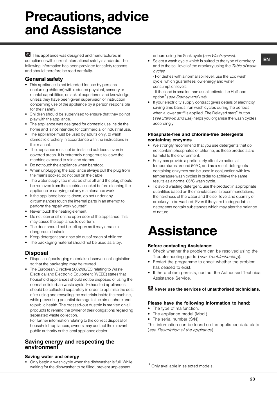 Precautions, advice and assistance, Assistance, General safety | Disposal, Saving energy and respecting the environment | Hotpoint Ariston PFK 724X User Manual | Page 23 / 84