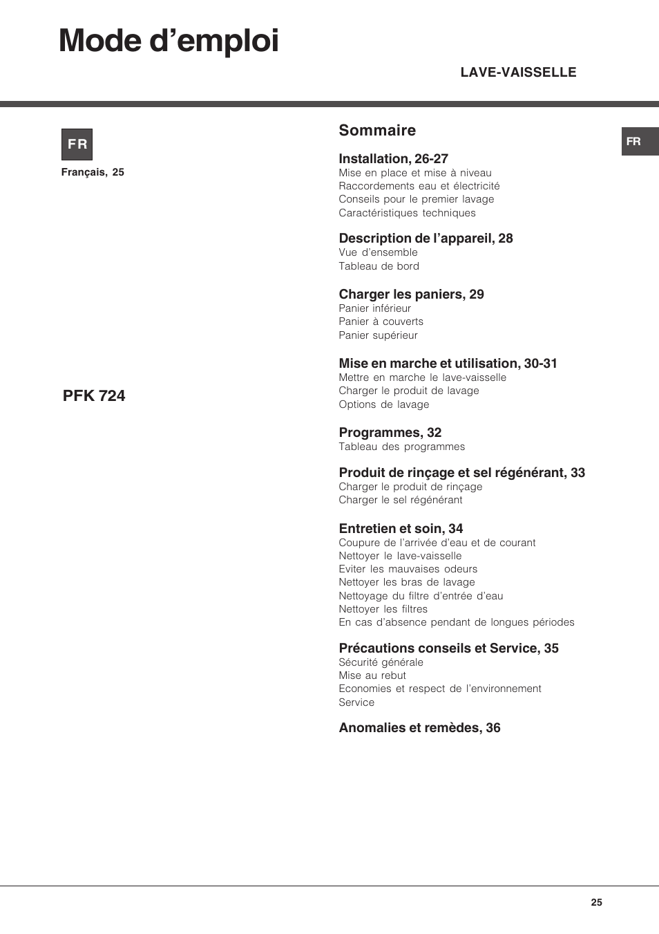 Mode demploi, Sommaire, Pfk 724 | Hotpoint Ariston PFK 724X User Manual | Page 25 / 84