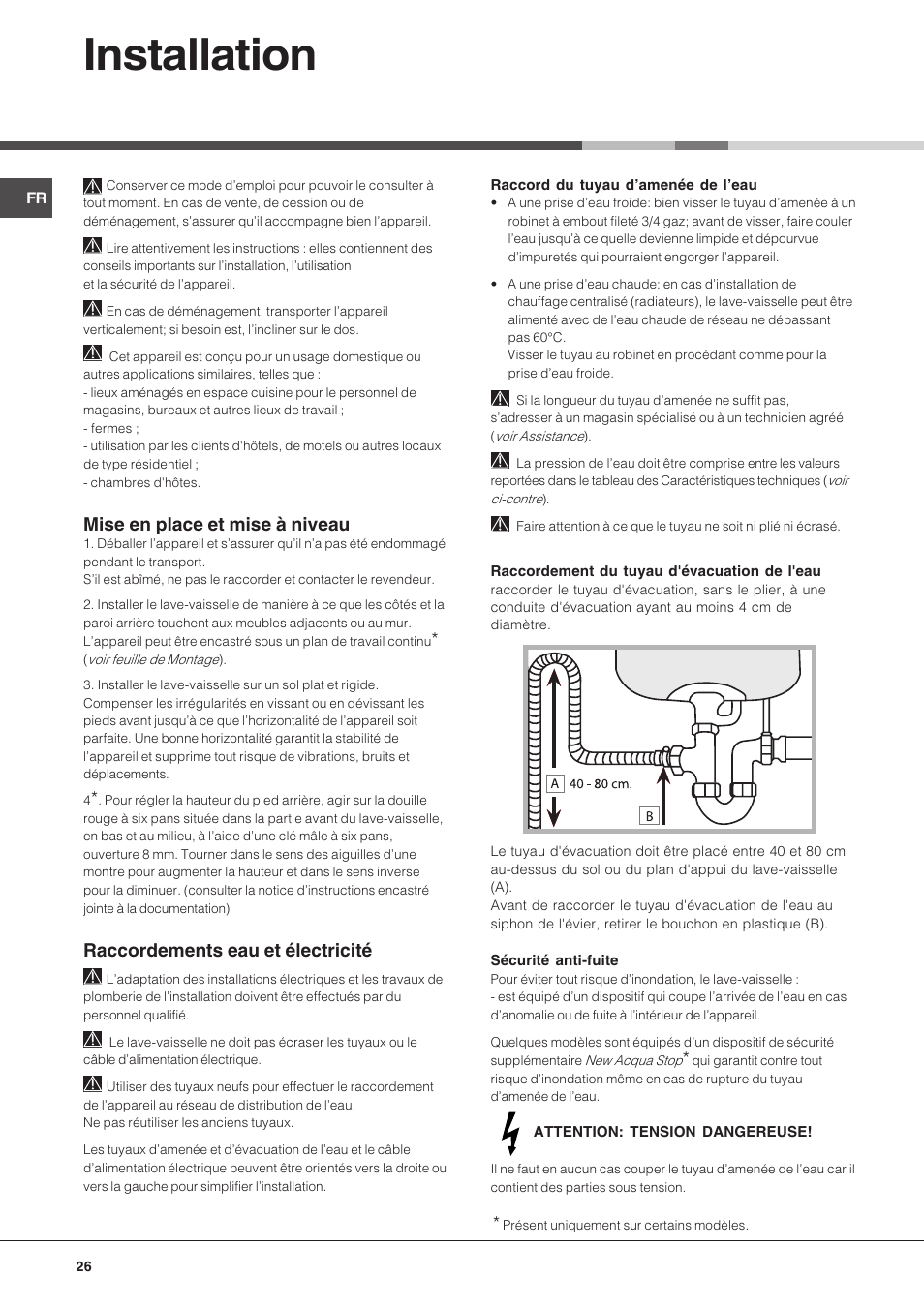 Installation, Mise en place et mise à niveau, Raccordements eau et électricité | Hotpoint Ariston PFK 724X User Manual | Page 26 / 84