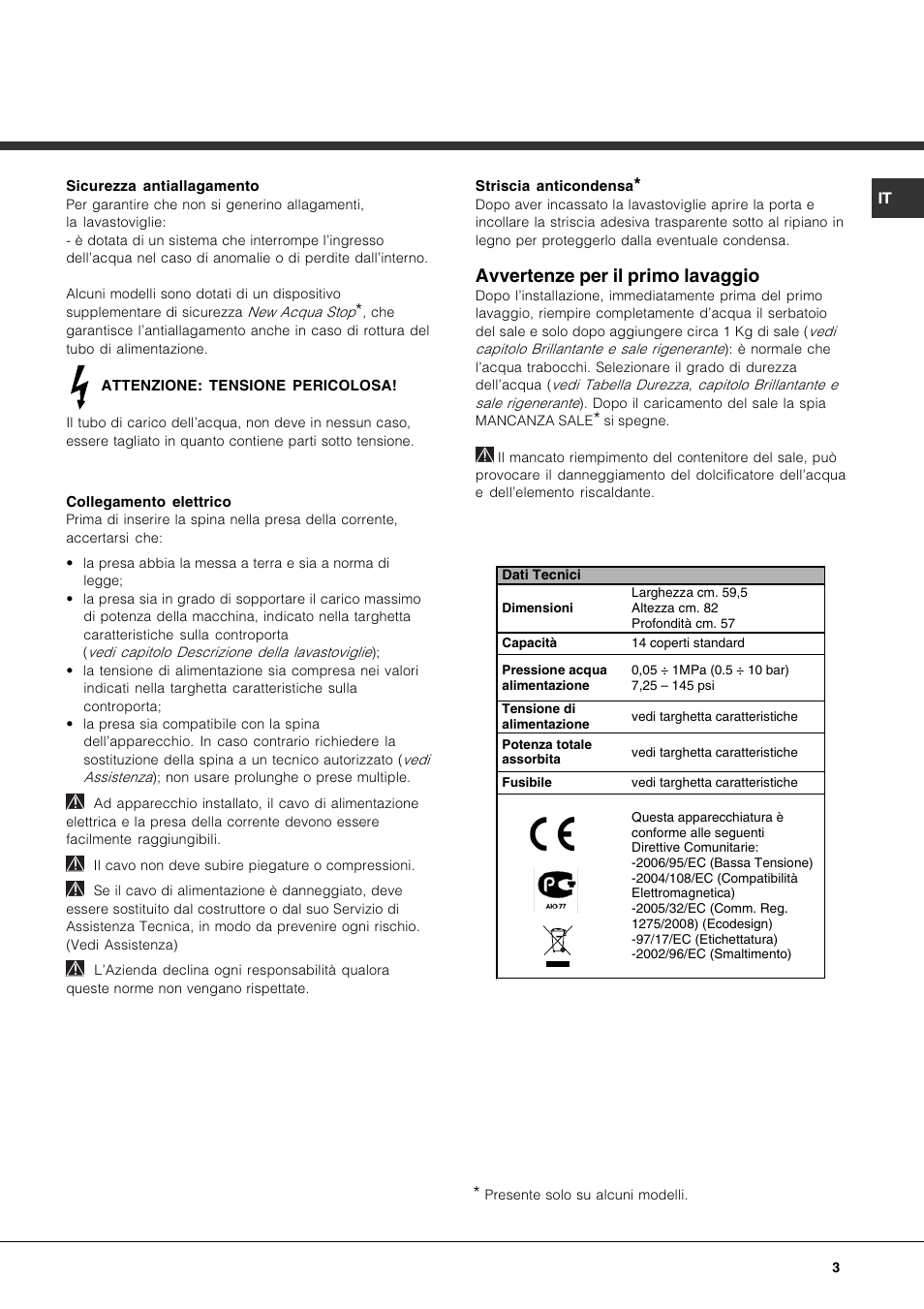 Avvertenze per il primo lavaggio | Hotpoint Ariston PFK 724X User Manual | Page 3 / 84