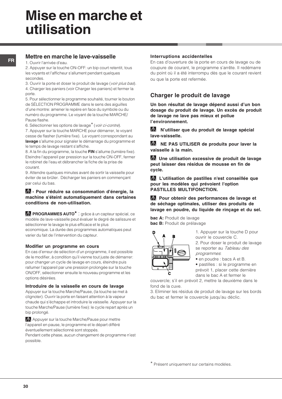 Mise en marche et utilisation, Charger le produit de lavage, Mettre en marche le lave-vaisselle | Hotpoint Ariston PFK 724X User Manual | Page 30 / 84