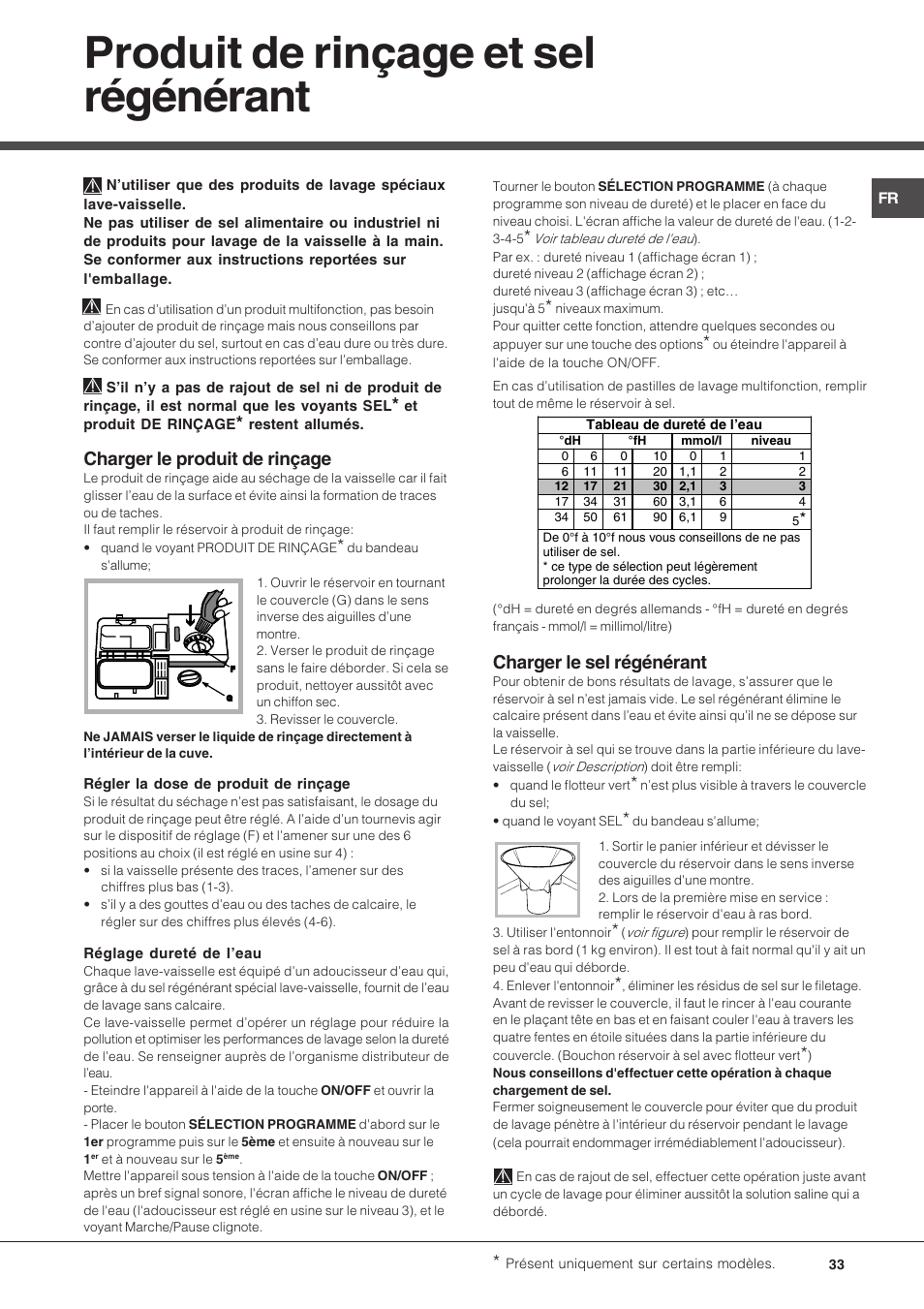 Produit de rinçage et sel régénérant, Charger le produit de rinçage, Charger le sel régénérant | Hotpoint Ariston PFK 724X User Manual | Page 33 / 84