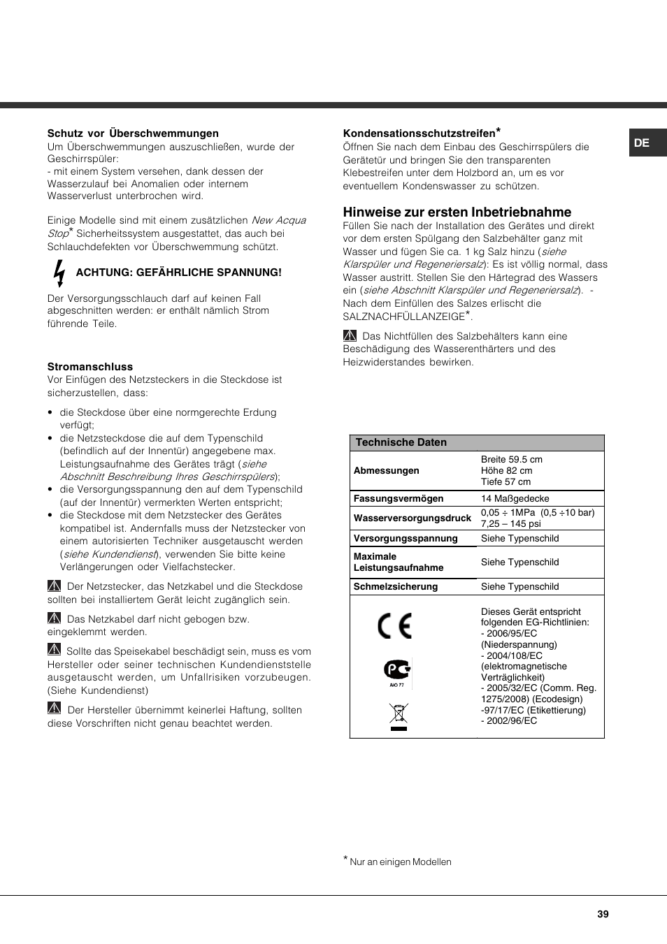 Hinweise zur ersten inbetriebnahme | Hotpoint Ariston PFK 724X User Manual | Page 39 / 84
