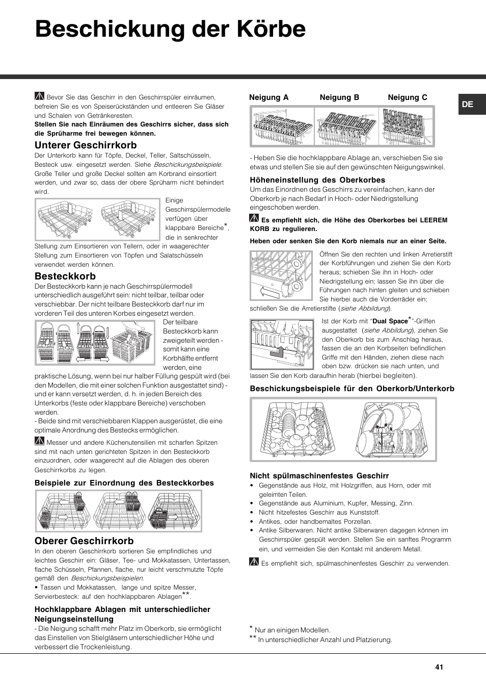 Beschickung der körbe, Unterer geschirrkorb, Besteckkorb | Oberer geschirrkorb | Hotpoint Ariston PFK 724X User Manual | Page 41 / 84
