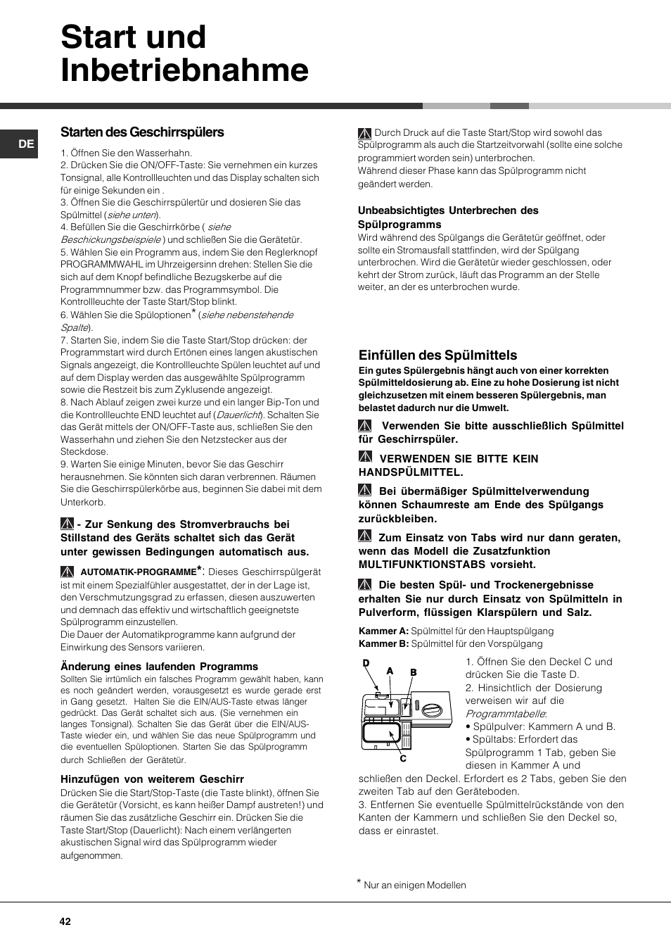 Start und inbetriebnahme, Einfüllen des spülmittels, Starten des geschirrspülers | Hotpoint Ariston PFK 724X User Manual | Page 42 / 84