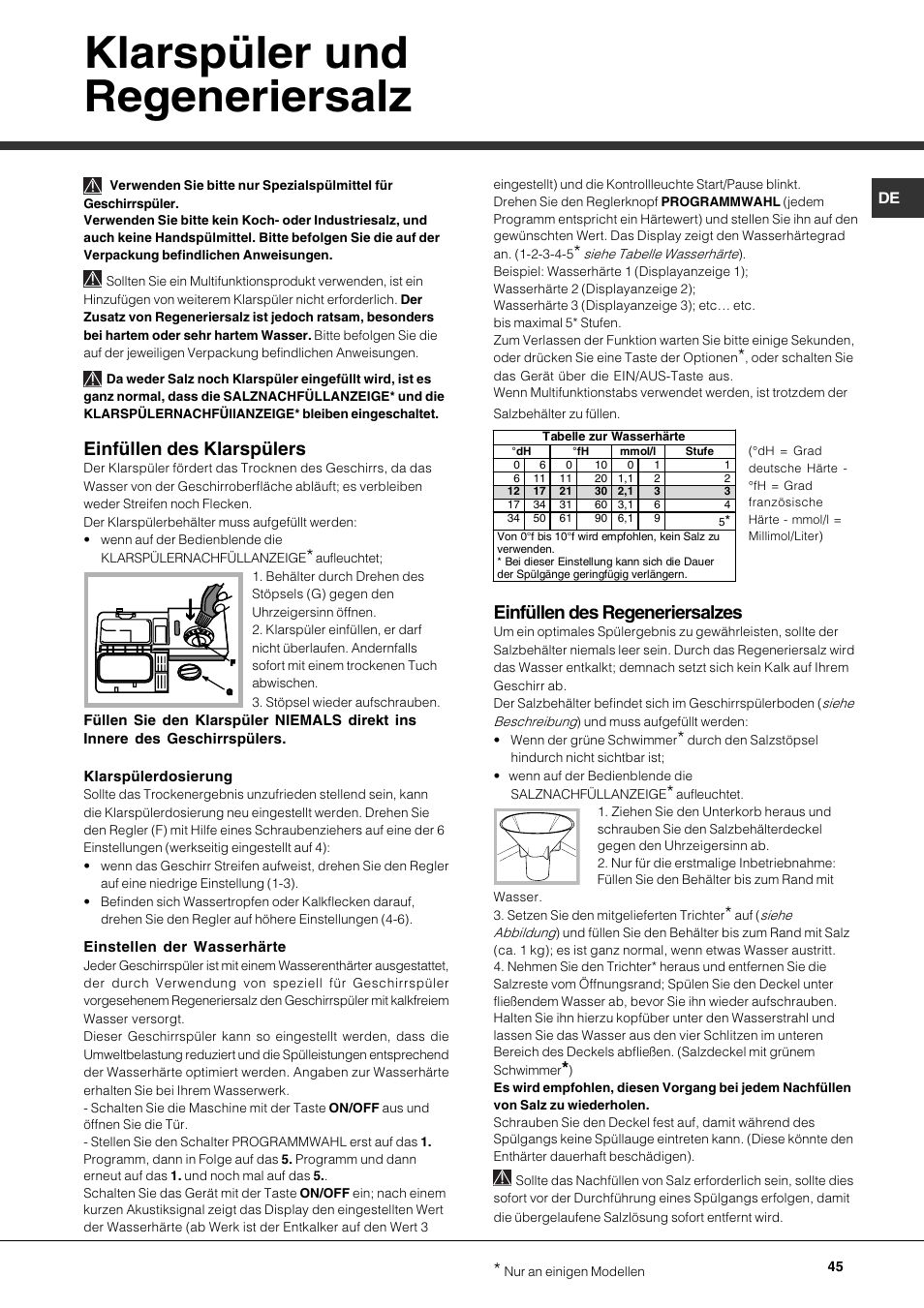 Klarspüler und regeneriersalz, Einfüllen des klarspülers, Einfüllen des regeneriersalzes | Hotpoint Ariston PFK 724X User Manual | Page 45 / 84