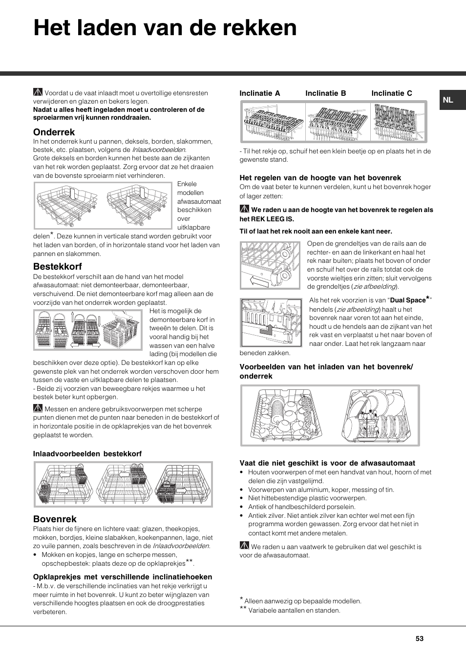 Het laden van de rekken, Onderrek, Bestekkorf | Bovenrek | Hotpoint Ariston PFK 724X User Manual | Page 53 / 84