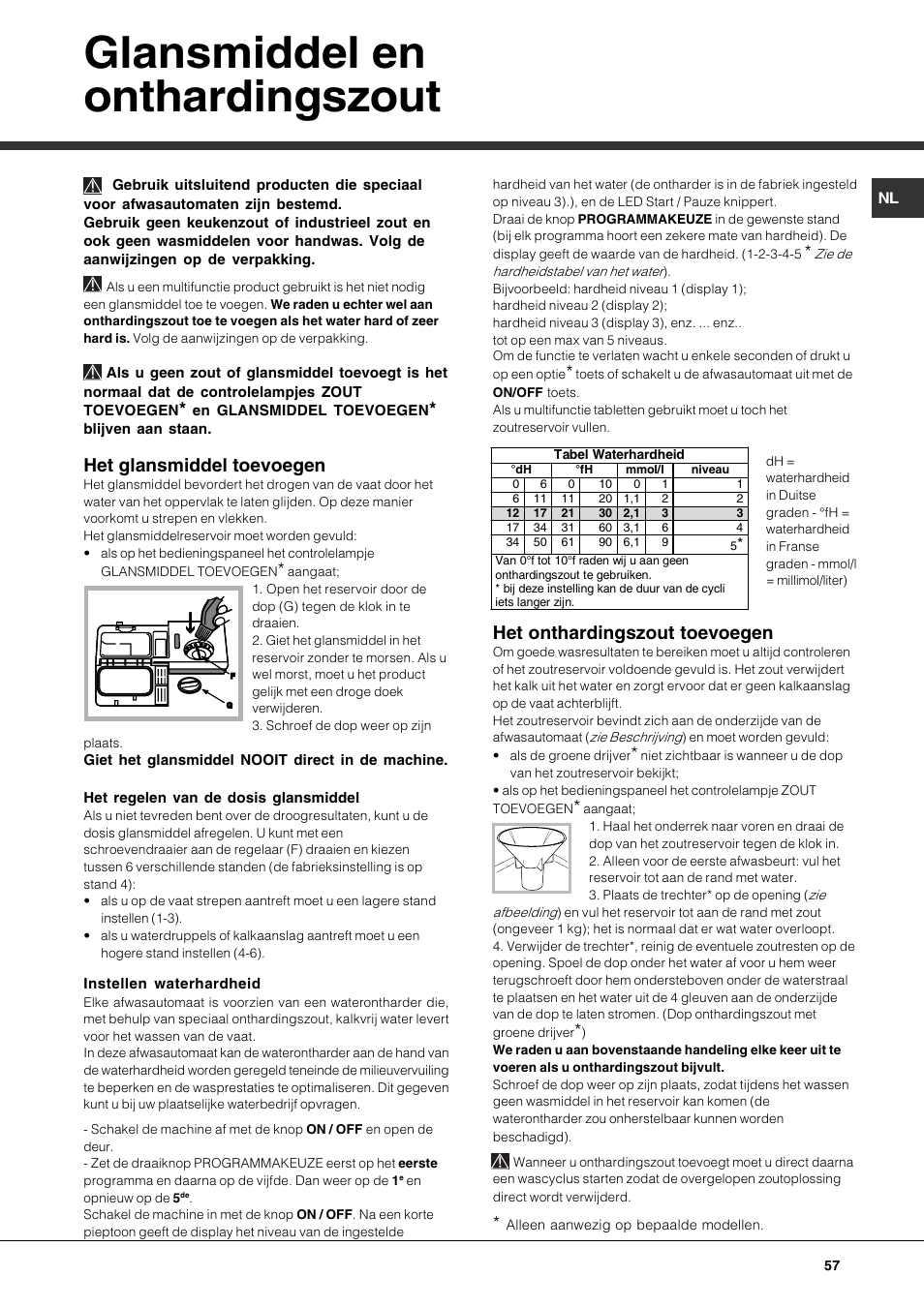 Glansmiddel en onthardingszout, Het glansmiddel toevoegen, Het onthardingszout toevoegen | Hotpoint Ariston PFK 724X User Manual | Page 57 / 84