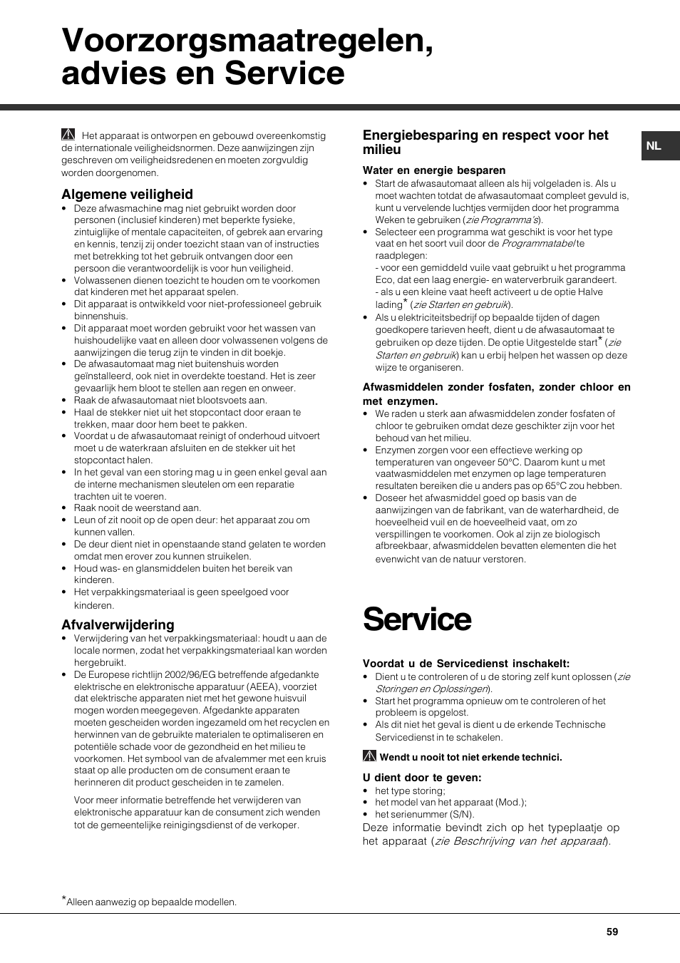 Voorzorgsmaatregelen, advies en service, 5ahle?a, Algemene veiligheid | Afvalverwijdering, Energiebesparing en respect voor het milieu | Hotpoint Ariston PFK 724X User Manual | Page 59 / 84