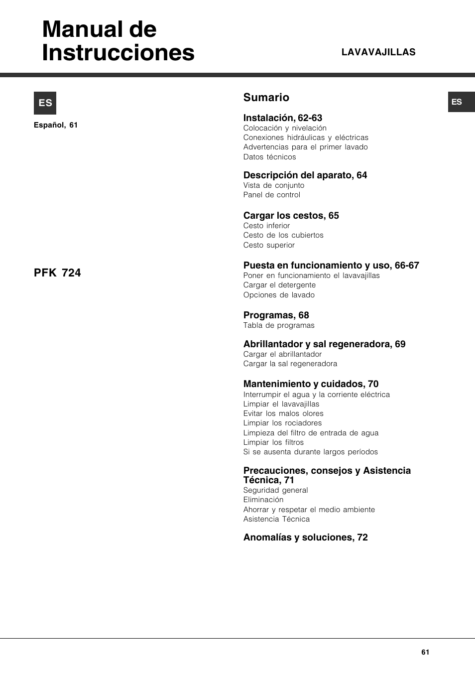 Manual de instrucciones, Sumario, Pfk 724 | Hotpoint Ariston PFK 724X User Manual | Page 61 / 84