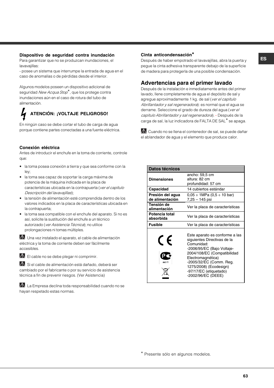 Advertencias para el primer lavado | Hotpoint Ariston PFK 724X User Manual | Page 63 / 84