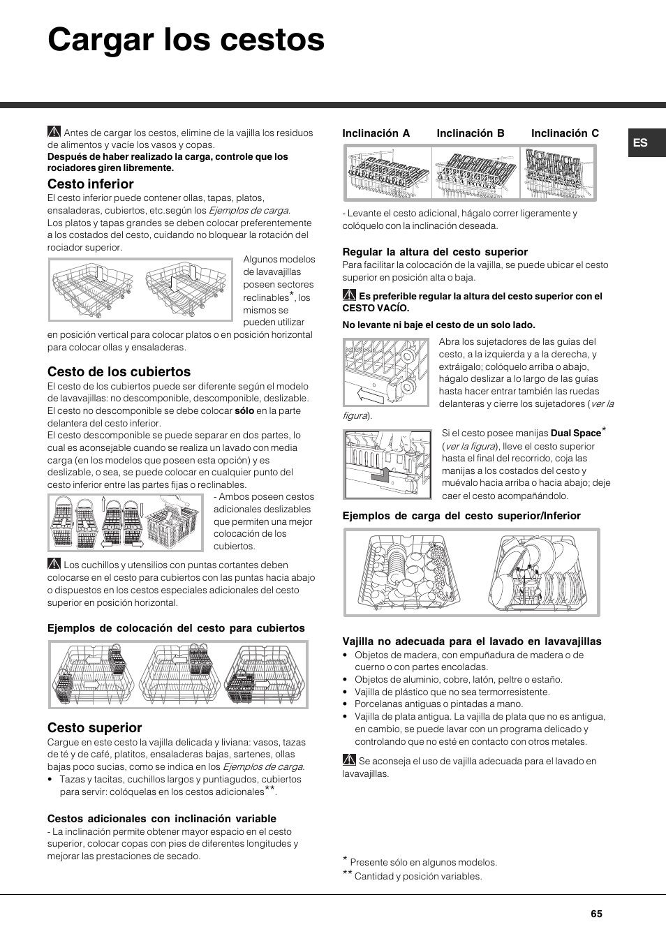 Cargar los cestos, Cesto inferior, Cesto de los cubiertos | Cesto superior | Hotpoint Ariston PFK 724X User Manual | Page 65 / 84